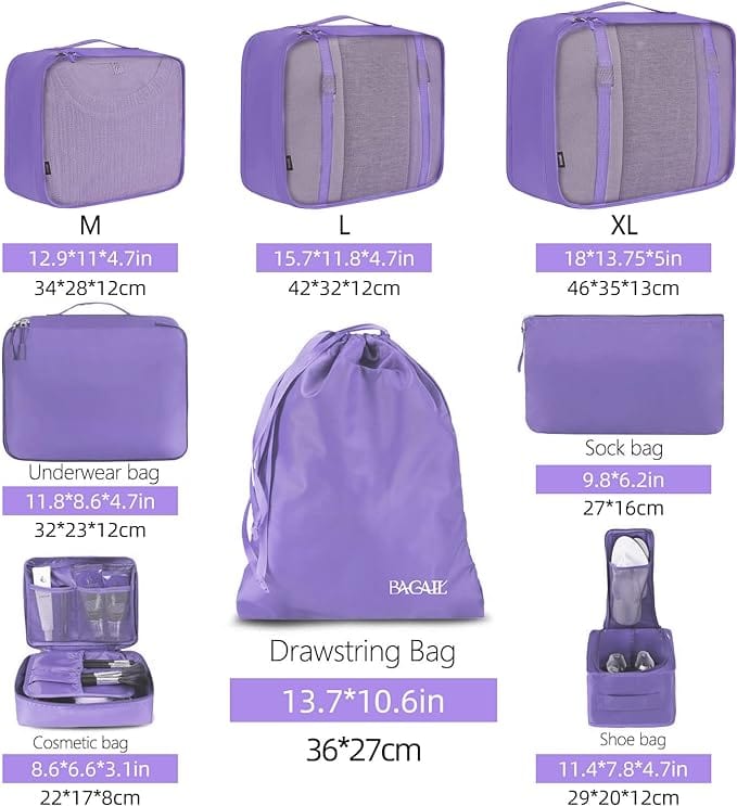 8 Piece Packing Cubes & Luggage Organizer - Purple Hood Adventures