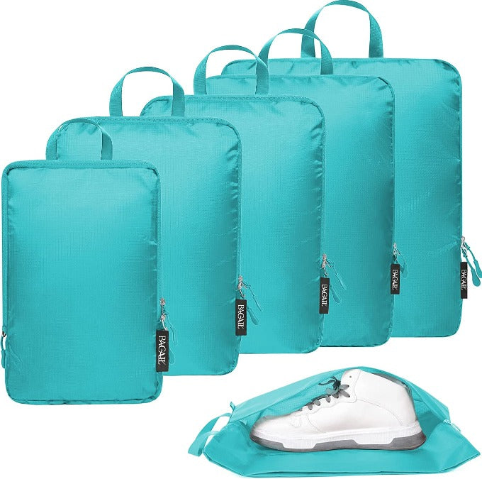 70D Ultralight Compression Packing Cubes Packing Organizer with Shoe Bag  for Travel Accessories Luggage Suitcase Backpack（6Set） - Green Flower